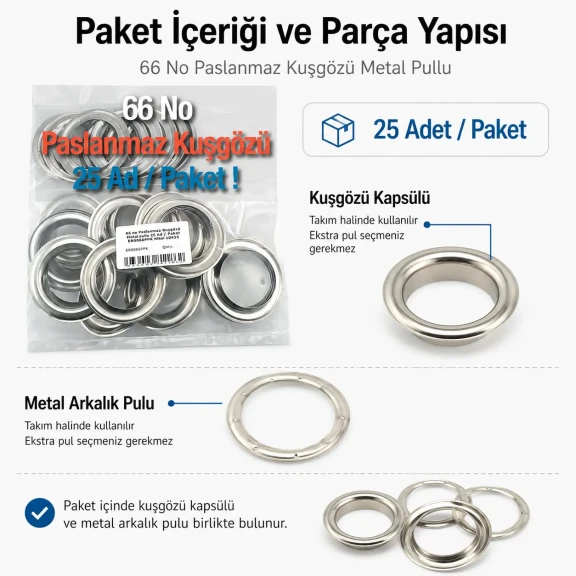 66 No Paslanmaz Kuşgözü Metal Pullu 25 Adet Paket - Endüstriyel Tekstil Çözümleri için Dayanıklı ve Uzun Ömürlü Bağlantı