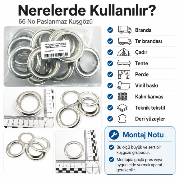 66 No Paslanmaz Kuşgözü Metal Pullu 25 Adet Paket - Endüstriyel Tekstil Çözümleri için Dayanıklı ve Uzun Ömürlü Bağlantı