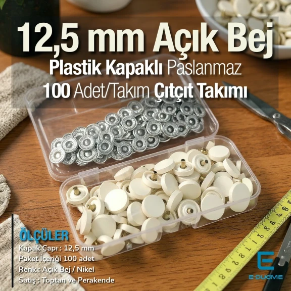 12,5 mm Çıtçıt Takımı Açık Bej Plastik Kapaklı - Gümüş 3 Alt Parça 100 adet/pkt ERC00125PLABej