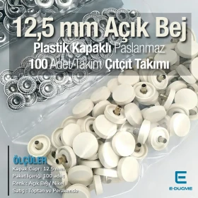 12,5 mm Çıtçıt Takımı Açık Bej Plastik Kapaklı - Gümüş 3 Alt Parça 100 adet/pkt ERC00125PLABej