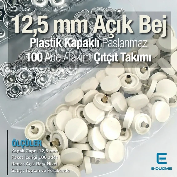 12,5 mm Çıtçıt Takımı Açık Bej Plastik Kapaklı - Gümüş 3 Alt Parça 100 adet/pkt ERC00125PLABej