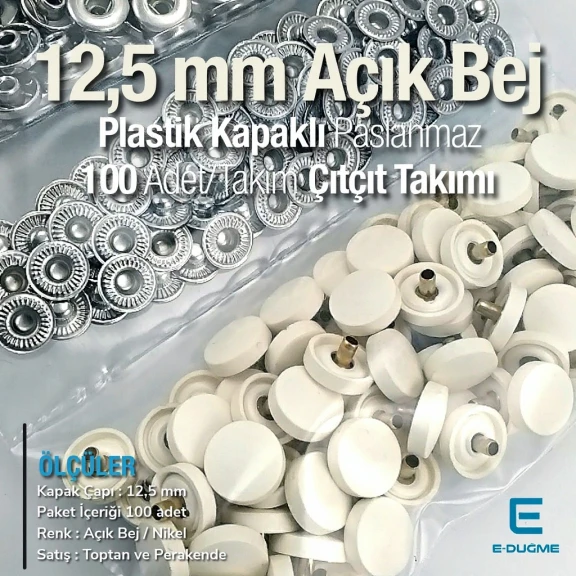 12,5 mm Çıtçıt Takımı Açık Bej Plastik Kapaklı - Gümüş 3 Alt Parça 100 adet/pkt ERC00125PLABej