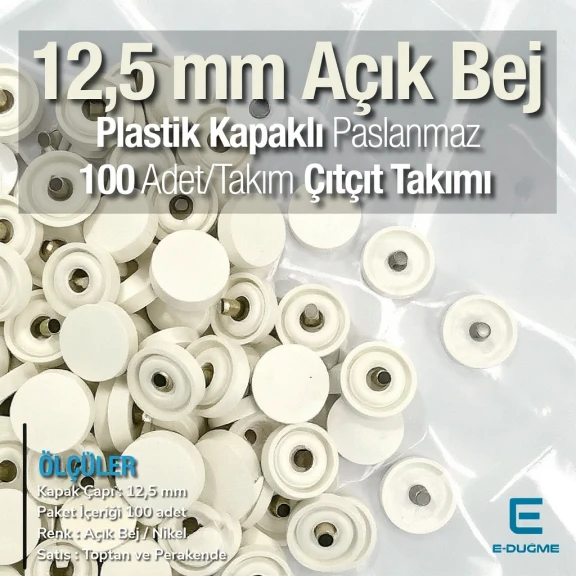 12,5 mm Çıtçıt Takımı Açık Bej Plastik Kapaklı - Gümüş 3 Alt Parça 100 adet/pkt ERC00125PLABej