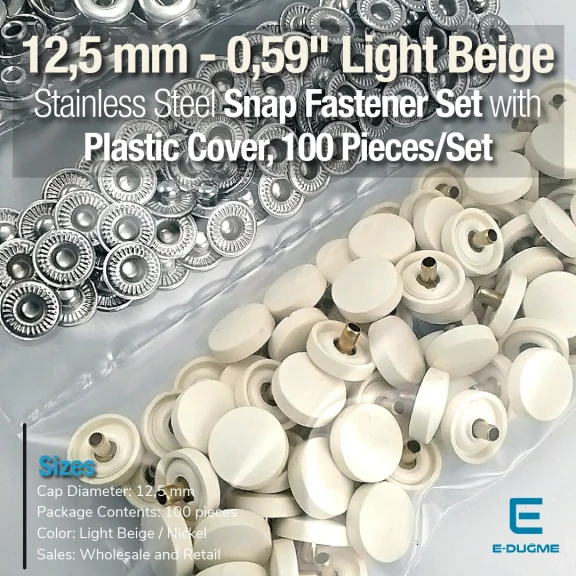 12,5 mm Çıtçıt Takımı Açık Bej Plastik Kapaklı - Gümüş 3 Alt Parça 100 adet/pkt ERC00125PLABej