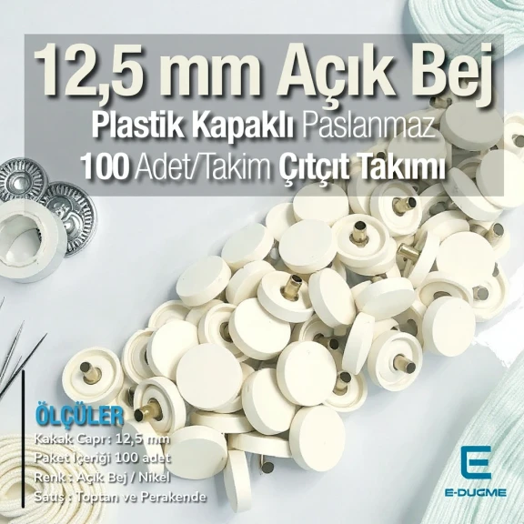 12,5 mm Çıtçıt Takımı Açık Bej Plastik Kapaklı - Gümüş 3 Alt Parça 100 adet/pkt ERC00125PLABej