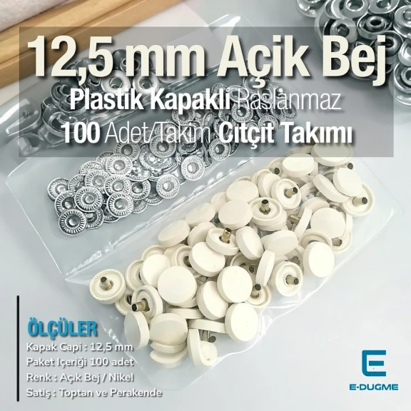 12,5 mm Çıtçıt Takımı Açık Bej Plastik Kapaklı - Gümüş 3 Alt Parça 100 adet/pkt ERC00125PLABej
