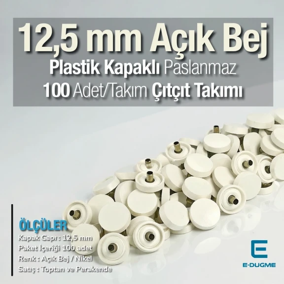 12,5 mm Çıtçıt Takımı Açık Bej Plastik Kapaklı - Gümüş 3 Alt Parça 100 adet/pkt ERC00125PLABej