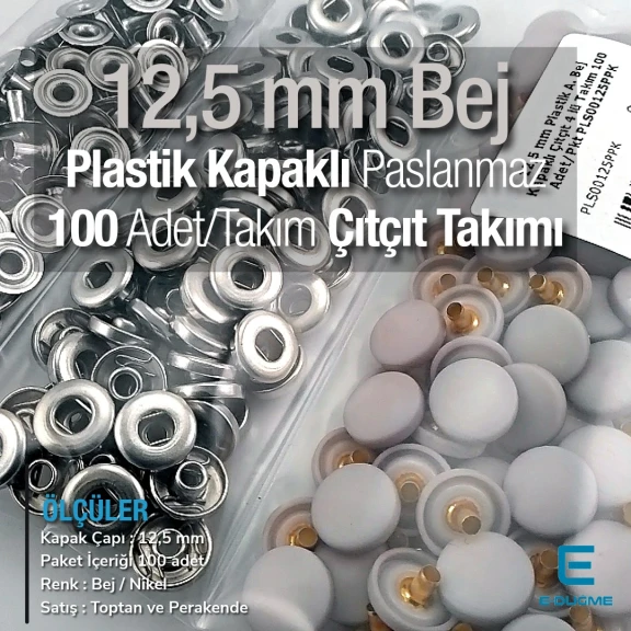 12,5 mm Çıtçıt Takımı Açık Bej Plastik Kapaklı 100 adet/pkt ERC00125PLABej