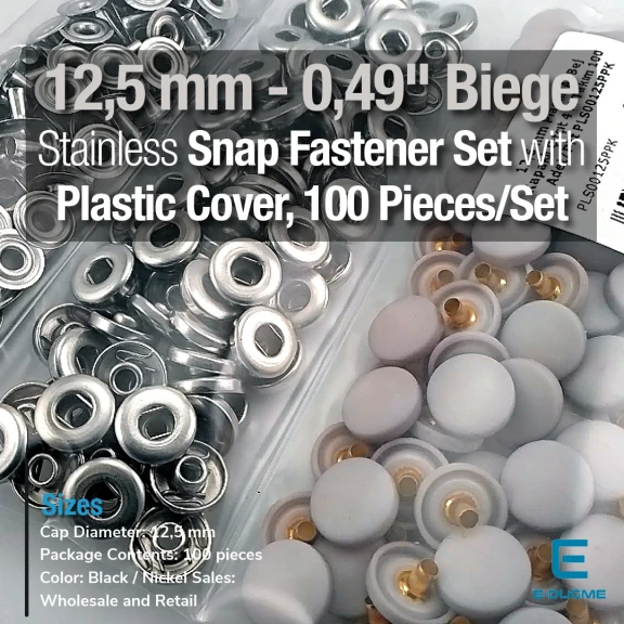 12,5 mm Çıtçıt Takımı Açık Bej Plastik Kapaklı 100 adet/pkt ERC00125PLABej