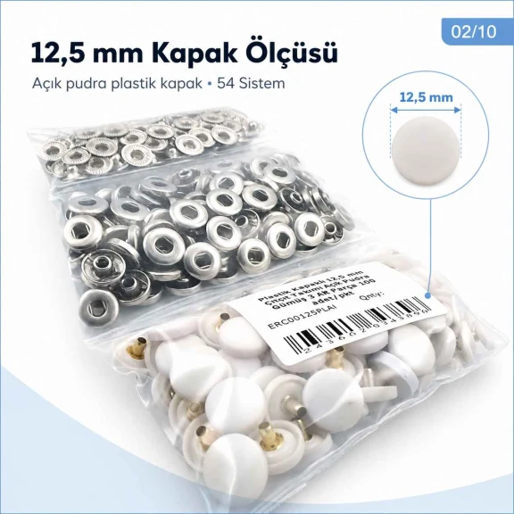 12,5 mm Açık Pudra Plastik Kapaklı 54 Sistem Çıtçıt, hafif ve orta kalınlıktaki tekstil ürünlerinde kullanıma uygun, 100