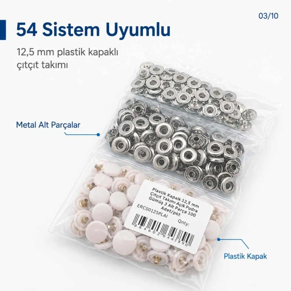 12,5 mm Açık Pudra Plastik Kapaklı 54 Sistem Çıtçıt, hafif ve orta kalınlıktaki tekstil ürünlerinde kullanıma uygun, 100