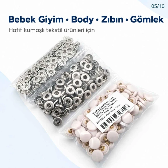 12,5 mm Açık Pudra Plastik Kapaklı 54 Sistem Çıtçıt, hafif ve orta kalınlıktaki tekstil ürünlerinde kullanıma uygun, 100