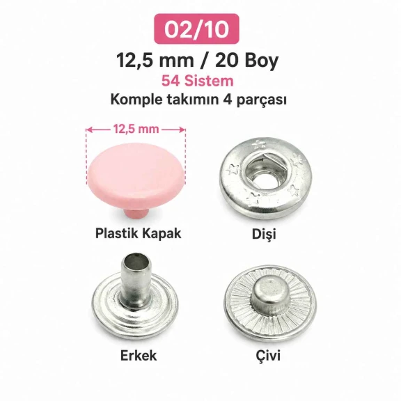 12,5 mm 54 Sistem Açık Pudra Plastik Kapaklı Bebe Pembe Çıtçıt 100 Takım ERC00125PLBPembe