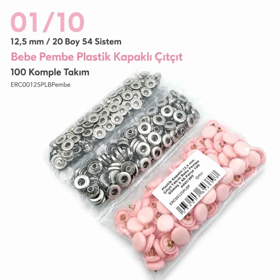 12,5 mm 54 Sistem Açık Pudra Plastik Kapaklı Bebe Pembe Çıtçıt 100 Takım ERC00125PLBPembe