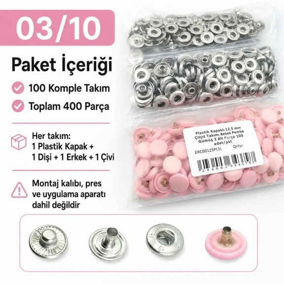 12,5 mm 54 Sistem Açık Pudra Plastik Kapaklı Bebe Pembe Çıtçıt 100 Takım ERC00125PLBPembe