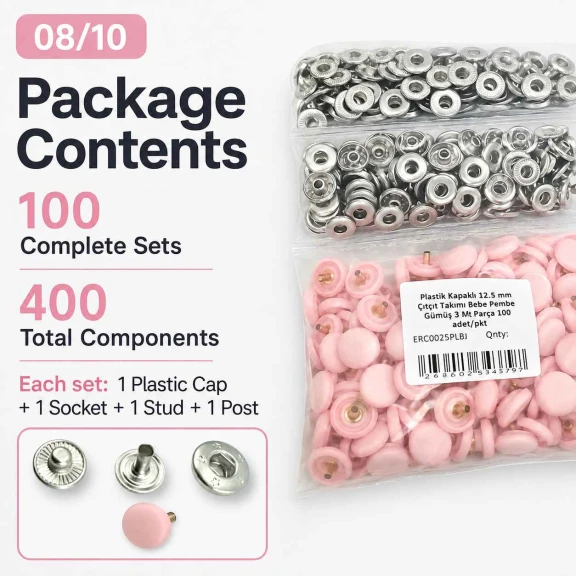 12,5 mm 54 Sistem Açık Pudra Plastik Kapaklı Bebe Pembe Çıtçıt 100 Takım ERC00125PLBPembe