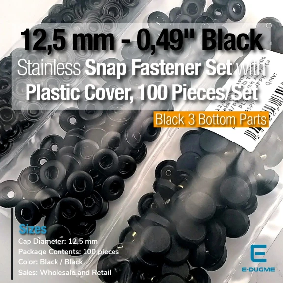 12.5 mm Snap Fastener Set 0,49" with Black Plastic Cover 100 pieces/pack ERC00125PLBlack