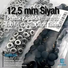 12,5 mm Çıtçıt Takımı Siyah Plastik Kapaklı - Gümüş 3 Alt Parça 100 adet/pkt ERC00125PLBlackN