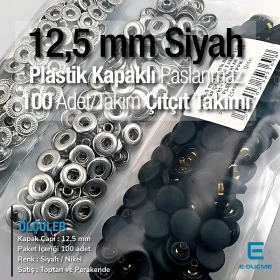 12,5 mm Çıtçıt Takımı Siyah Plastik Kapaklı - Gümüş 3 Alt Parça 100 adet/pkt ERC00125PLBlackN