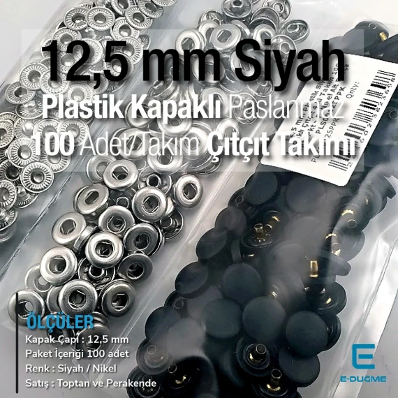 12,5 mm Çıtçıt Takımı Siyah Plastik Kapaklı - Gümüş 3 Alt Parça 100 adet/pkt ERC00125PLBlackN