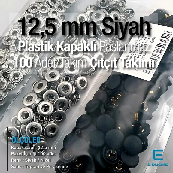 12,5 mm Çıtçıt Takımı Siyah Plastik Kapaklı - Gümüş 3 Alt Parça 100 adet/pkt ERC00125PLBlackN