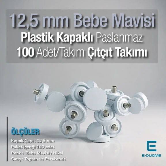 12,5 mm Çıtçıt Takımı Bebe Mavisi Plastik Kapaklı - Gümüş 3 Alt Parça 100 adet/pkt ERC00125PLMavi