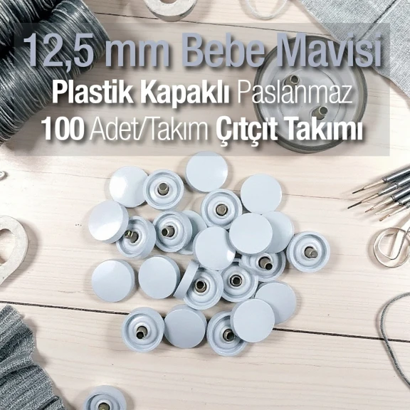 12,5 mm Çıtçıt Takımı Bebe Mavisi Plastik Kapaklı - Gümüş 3 Alt Parça 100 adet/pkt ERC00125PLMavi