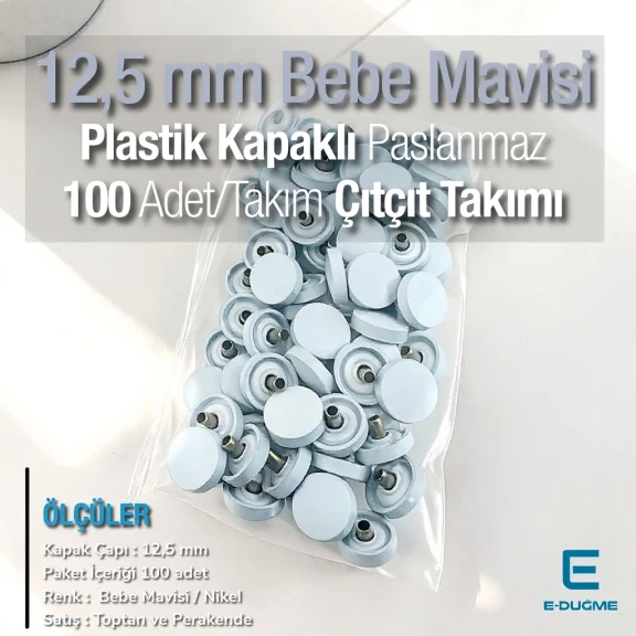 12,5 mm Çıtçıt Takımı Bebe Mavisi Plastik Kapaklı - Gümüş 3 Alt Parça 100 adet/pkt ERC00125PLMavi