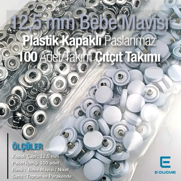 12,5 mm Çıtçıt Takımı Bebe Mavisi Plastik Kapaklı - Gümüş 3 Alt Parça 100 adet/pkt ERC00125PLMavi