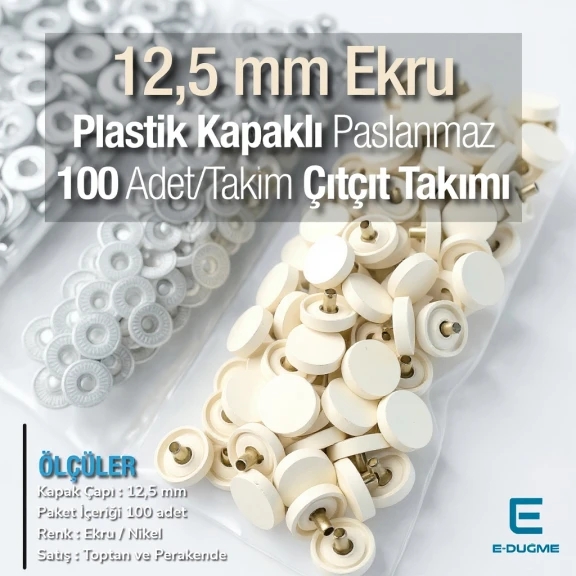 12,5 mm Çıtçıt Takımı Ekru Plastik Kapaklı - Gümüş 3 Alt Parça 100 adet/pkt ERC00125PLEcru