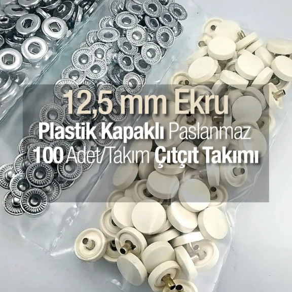 12,5 mm Çıtçıt Takımı Ekru Plastik Kapaklı - Gümüş 3 Alt Parça 100 adet/pkt ERC00125PLEcru