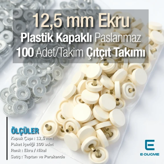 12,5 mm Çıtçıt Takımı Ekru Plastik Kapaklı - Gümüş 3 Alt Parça 100 adet/pkt ERC00125PLEcru