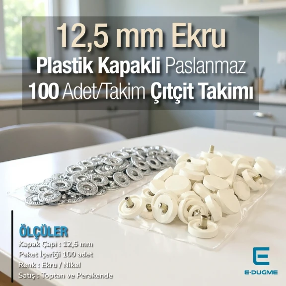 12,5 mm Çıtçıt Takımı Ekru Plastik Kapaklı - Gümüş 3 Alt Parça 100 adet/pkt ERC00125PLEcru
