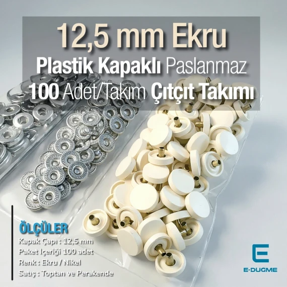 12,5 mm Çıtçıt Takımı Ekru Plastik Kapaklı - Gümüş 3 Alt Parça 100 adet/pkt ERC00125PLEcru