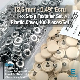 Snap Fastener Set with12.5 mm - 0,49" Ecru Plastic Cover - Silver 3 Bottom Pieces 100 pieces/pack ERC00125PLEcru