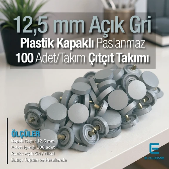 12,5 mm Çıtçıt Takımı Gri Plastik Kapaklı - Gümüş 3 Alt Parça 100 adet/pkt ERC00125PLGri