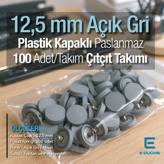 12,5 mm Çıtçıt Takımı Gri Plastik Kapaklı - Gümüş 3 Alt Parça 100 adet/pkt ERC00125PLGri