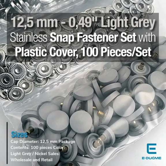 12,5 mm Çıtçıt Takımı Gri Plastik Kapaklı - Gümüş 3 Alt Parça 100 adet/pkt ERC00125PLGri