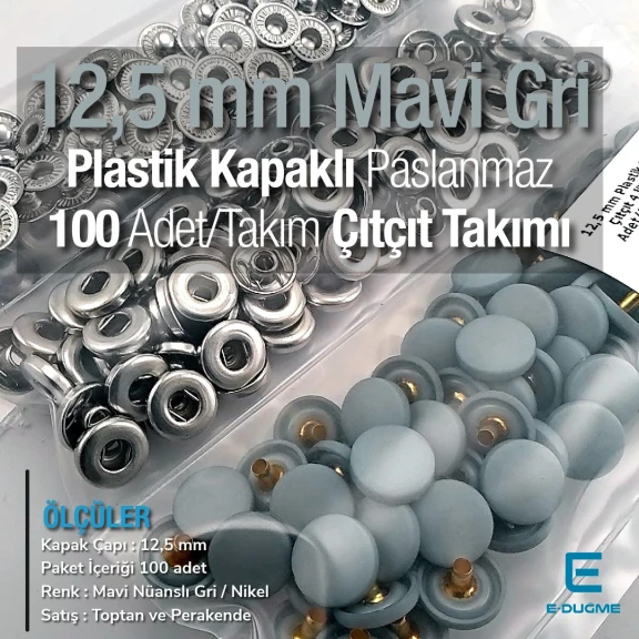 12,5 mm Çıtçıt Takımı Mavimsi Gri Plastik Kapaklı 100 adet/pkt ERC00125PLGriMavi