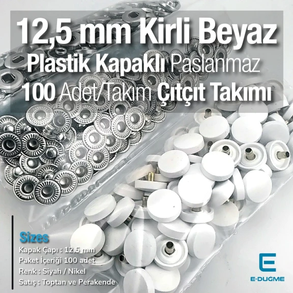 12,5 mm Çıtçıt Takımı Kirli Beyaz Plastik Kapaklı - Gümüş 3 Alt Parça 100 adet/pkt ERC00125PLKBeyaz