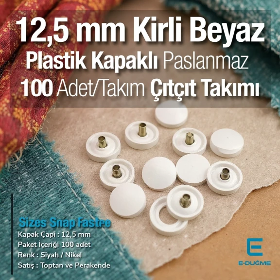 12,5 mm Çıtçıt Takımı Kirli Beyaz Plastik Kapaklı - Gümüş 3 Alt Parça 100 adet/pkt ERC00125PLKBeyaz