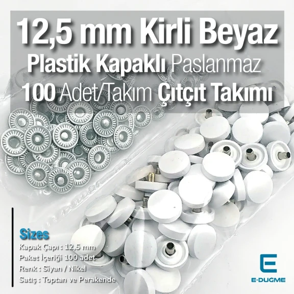 12,5 mm Çıtçıt Takımı Kirli Beyaz Plastik Kapaklı - Gümüş 3 Alt Parça 100 adet/pkt ERC00125PLKBeyaz