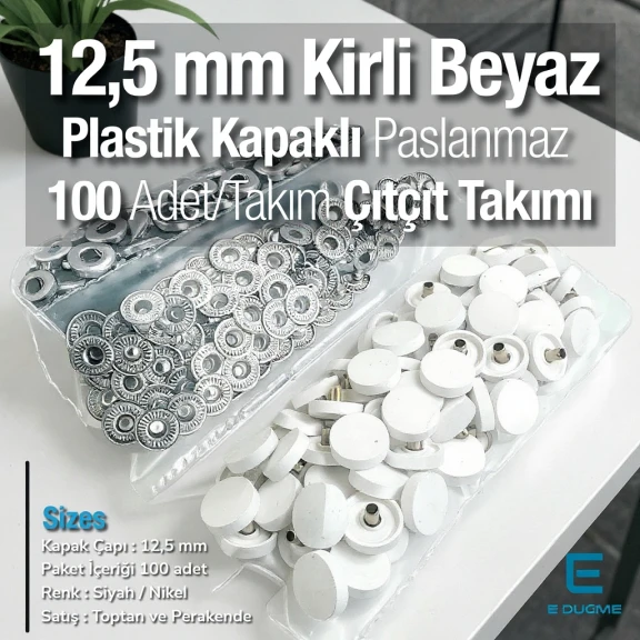 12,5 mm Çıtçıt Takımı Kirli Beyaz Plastik Kapaklı - Gümüş 3 Alt Parça 100 adet/pkt ERC00125PLKBeyaz