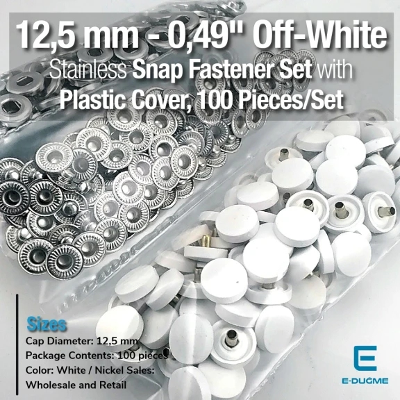 12,5 mm Çıtçıt Takımı Kirli Beyaz Plastik Kapaklı - Gümüş 3 Alt Parça 100 adet/pkt ERC00125PLKBeyaz