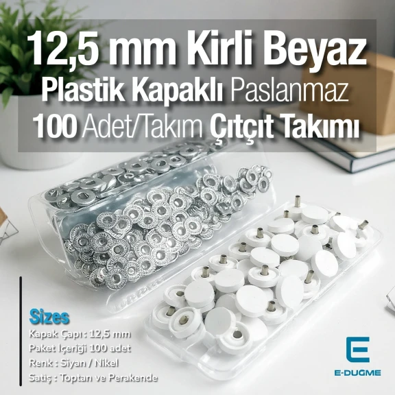 12,5 mm Çıtçıt Takımı Kirli Beyaz Plastik Kapaklı - Gümüş 3 Alt Parça 100 adet/pkt ERC00125PLKBeyaz
