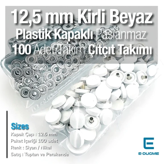12,5 mm Çıtçıt Takımı Kirli Beyaz Plastik Kapaklı - Gümüş 3 Alt Parça 100 adet/pkt ERC00125PLKBeyaz