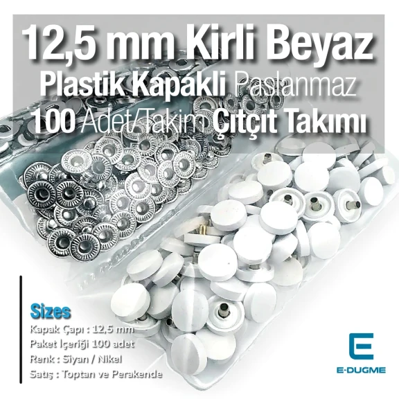 12,5 mm Çıtçıt Takımı Kirli Beyaz Plastik Kapaklı - Gümüş 3 Alt Parça 100 adet/pkt ERC00125PLKBeyaz