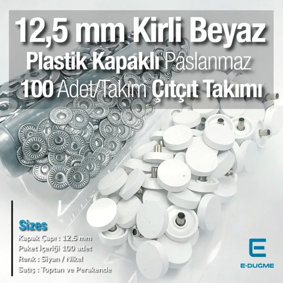 12,5 mm Çıtçıt Takımı Kirli Beyaz Plastik Kapaklı - Gümüş 3 Alt Parça 100 adet/pkt ERC00125PLKBeyaz