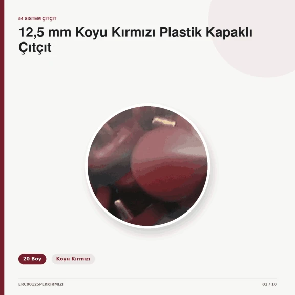 12,5 mm Koyu Kırmızı Plastik Kapaklı 54 Sistem Çıtçıt, bebek ve çocuk giyimi için ideal, dört parçalı kapama sistemi
