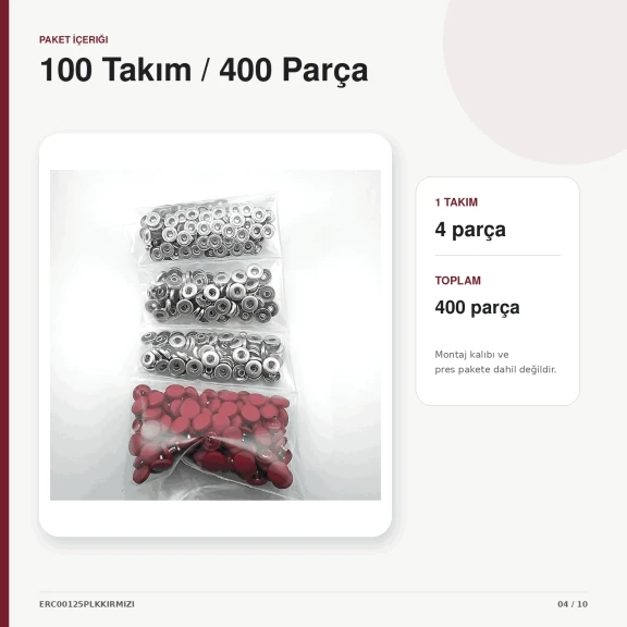 12,5 mm Koyu Kırmızı Plastik Kapaklı 54 Sistem Çıtçıt, bebek ve çocuk giyimi için ideal, dört parçalı kapama sistemi